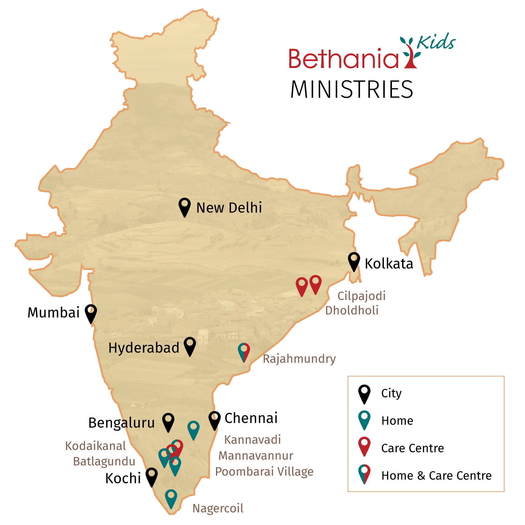 Map of Bethania Kids Ministries in India